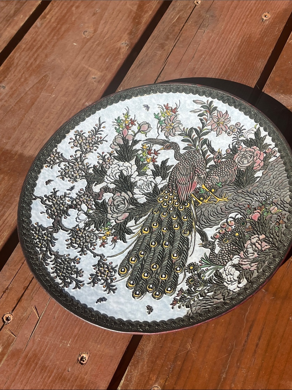 Metal scroll work Cloisonne plate bird and floral Design